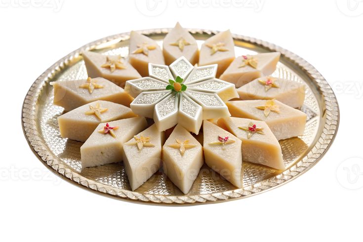 सजावटी प्लेट में रखी हुई kaju katli 